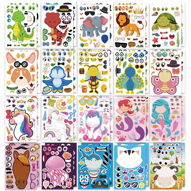 Zoo Party Games - 12/24 Blatt „Make a Face“-Aufkleber, Zootiere,